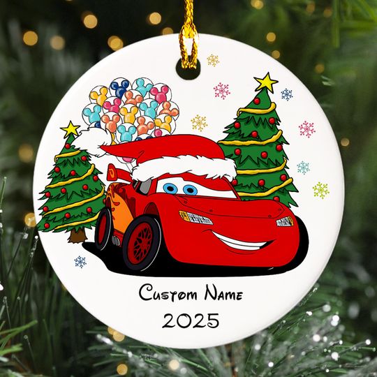 Discover Personalized Pixar Cars Christmas Ornament, Lightning McQueen Red Car Customized 2025 Xmas Tree Decor, Racing Car Santa Hat Gift For Kid
