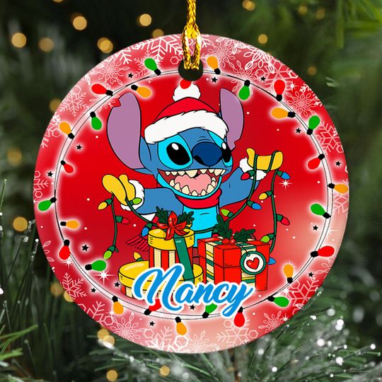 Discover Personalized Stitchmas Ceramic Christmas Ornament, Funny Stitch Customized 2025 Christmas Tree Decor, Alien Dog Santa Xmas Gift For Kid
