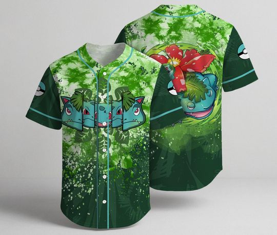 Bulbasaur Venusaur Baseball Jersey, Green Leaf Graphic Shirt, Cute Grass-Type Baseball Shirt