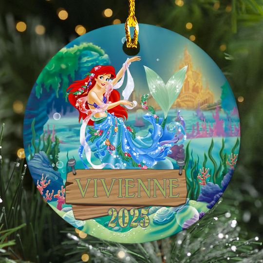 Discover Personalized Little Mermaid Ceramic Christmas Ornament, Ariel Princess Customized Christmas Tree Decor, Disney Princess Xmas Gift For Kid