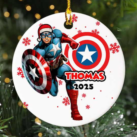 Discover Personalized Marvel Captain America Christmas Ornament, Superhero Customized 2025 Christmas Tree Decor, Captain Santa Hat Xmas Gift For Kid