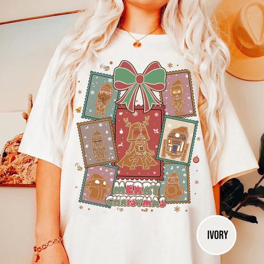 Discover Vintage Star Wars Gingerbread Stamp Coquette Bows Merry Christmas T-Shirt, Christmas Cookie Shirt, Disney Hollywood Studios Christmas Trip