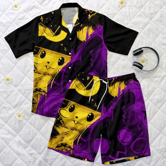 Pika Mimikyu Hawaiian Shirt and Shorts Set, Purple and Yellow Beachwear