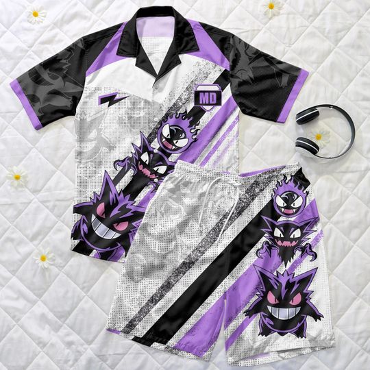 Gengar Hawaiian Shirt and Shorts Set, Purple 3D Print Beachwear