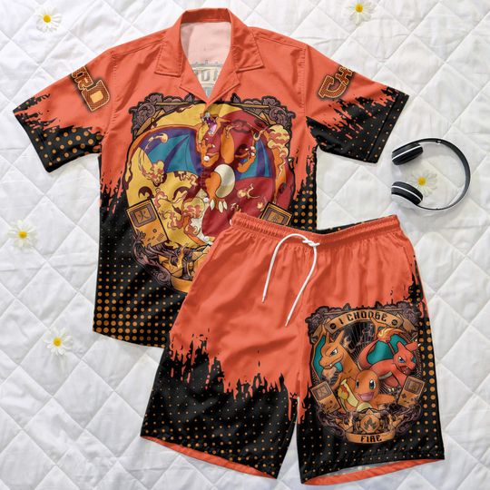 Charizard Hawaiian Shirt and Shorts Set, Fire Style Summer Outfit, Charmander Summer Clothing