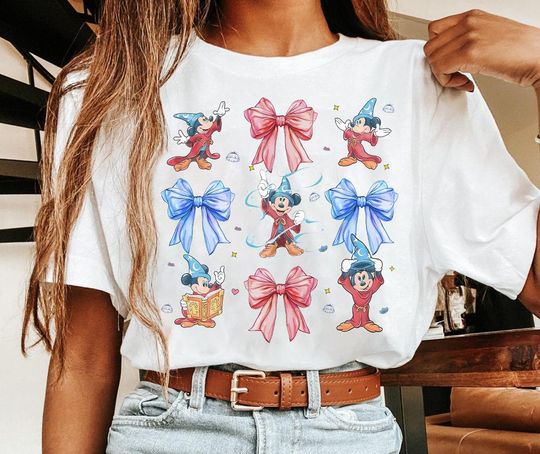 Discover Disney Mickey Sorcerer Fantasia Coquette Bow T-Shirt, Disney Matching Family Shirt, Mickey Fantasia Fantasmic Hollywood Studios Trip Tee