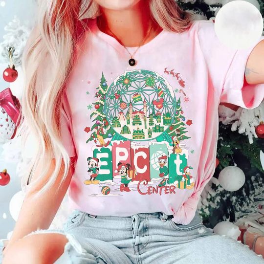 Discover Disney Epcot Center Globe Christ mas Mickey and Friends T-Shirt, Disney Xmas Family Gifts, WDW Epcot Center World Traveler Christmas Shirt