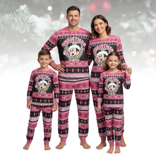 Discover Minnie Mouse Christmas Pajamas, Pink Black Holiday Pajama Set, Cute Disney Matching Pajamas Set, Christmas Vibes Outfit, Xmas Gift for