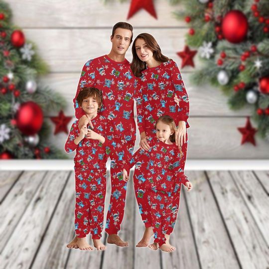 Discover Stitch Christmas Family Pajamas Set, Disneyland Merry Xmas Pajamas, Santa Stitch Holiday Pajamas, Cartoon Characters Xmas Loungewear