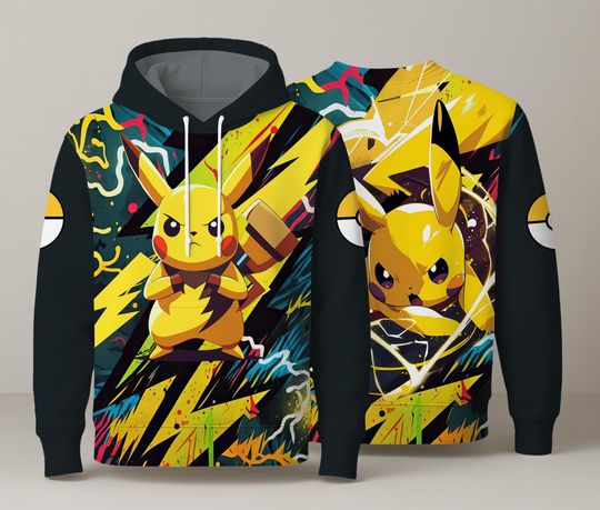 Discover Pika Hoodie, Yellow Lightning Graphic Hoodie, Kawaii Unisex Sweatshirt, Cute Crewneck Pullover, Funny Cozy Hoodie, Pika Shirt Gifts