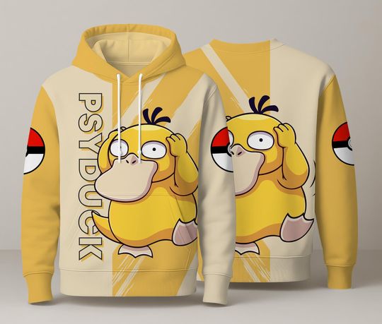 Discover Psyduck Anime Hoodie: Kawaii Confused Duck, Retro Style