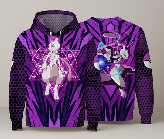 Discover Mewtwo Graphic Hoodie: Purple Unisex Sweatshirt, Kawaii Streetwear