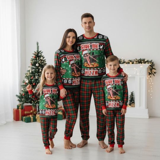Discover Cat Pizza Long Sleeve Pajamas Set, Funny Christmas Pajamas Family, Holiday Matching Pajamas, Festive Gift Idea