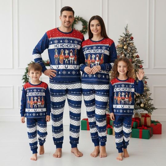 Discover Horse Long Sleeve Pajamas Set, Ho Ho Horses Christmas Pajamas Family, Matching Holiday Pajamas, Cozy Xmas Gift