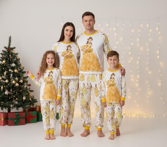 Disney Princess Long Sleeve Pajamas Set, Belle Christmas Pajamas Family, Beauty and the Beast Matching Pajamas, Princess Holiday Gift