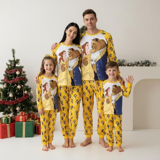 Beauty and the Beast Long Sleeve Pajamas Set, Disney Christmas Pajamas Family, Cartoon Matching Pajamas, Holiday Gift