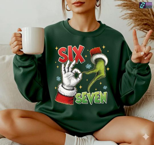 Discover Christmas Santa Six Seven Hand Sign Sweatshirt, 67 Meme Christmas Sweatshirt, Six Seven Christmas Gift, Christmas Family Matching Shirt