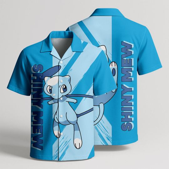 Mew Hawaiian Shirt, Shiny Blue Design, Unisex Summer Beach Shorts Set, Button-Up Hawaii Shirt