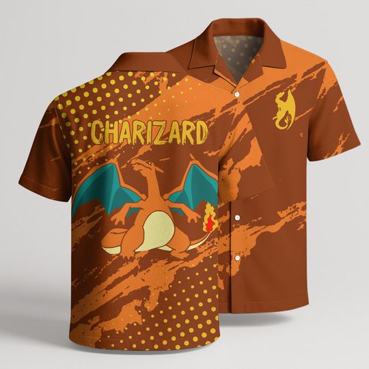 Charizard Hawaiian Shirt, Orange Fire Dragon Tropical Button-Up, Unisex Summer Clothing