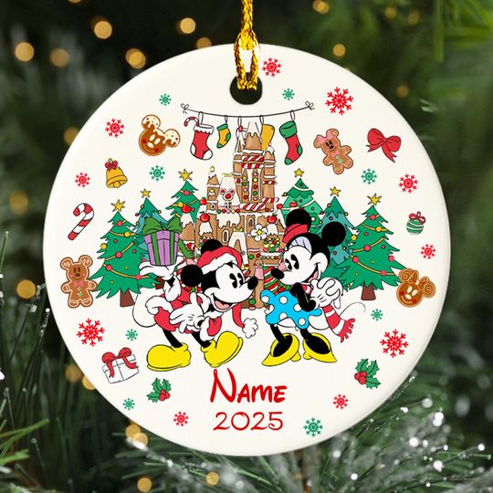 Discover Personalized Mickey Minnie Couple Christmas Ornament, Funny Mouse Santa Hat Customized Christmas Tree Decor, Disney Castle Xmas Gift For Kid