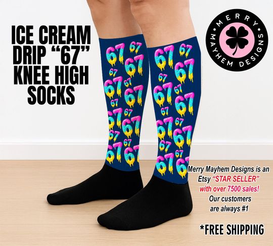 Discover Ice Cream Drip "Six Seven" Knee High Socks  Trendy 6 7 Youth Gift, Fun Drippy Number Socks, Colorful Retro Streetwear, Baseball, Softball