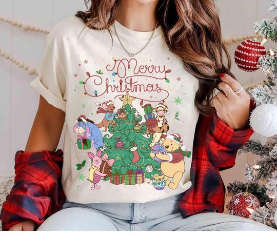 Discover Disney Pooh and Friends Merry Christmas Retro T-Shirt, Disney Xmas Family Gift, Disney Christmas Party, Winnie The Pooh Christmas Tee