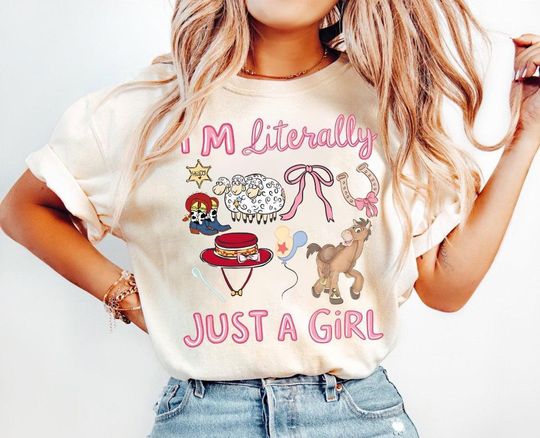 Discover Retro Disney Toy Story Literally Just A Girl Pink T-Shirt, WDW Disneyland Vacation Shirt, Family Holiday, Toy Story Jessie Bo Peep Girl Trip