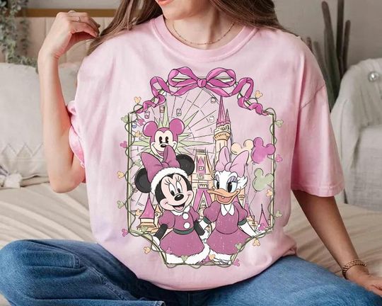 Discover Disney Minnie Daisy Pink Christmas Coquette Bow Besties T-Shirt, Disney Christmas Girl Trip Gifts, Mickey's Very Merry Christmas Party