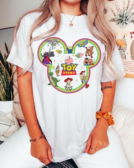 Discover Disney Pixar Toy Story Rainbow Mickey Head Character T-Shirt, Disney Buzz Lightyear Woody Alien Rex Shirt, Disney Trip Matching Family Shirt