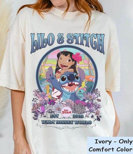 Discover Disney Lilo & Stitch Movie Floral Retro T-Shirt, Disney Stitch and Angel Shirt, Disneyland Matching Family Shirt, WDW Trip Gift Outfits