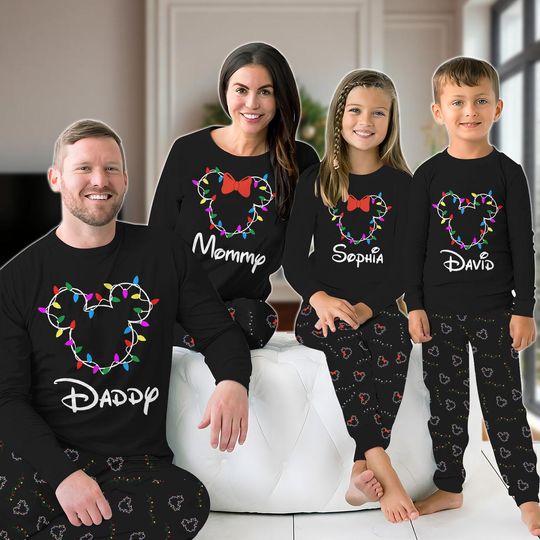 Discover Christmas Mikey Head Family Pajamas Set, Mickey Minnie Xmas Lights Holiday Pajamas, Magic Kingdom Pjs, Winter Season Pjs