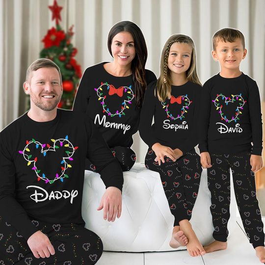 Discover Custom Mickey Christmas Family Pajamas Set, Disney Matching Costume PJs for Christmas Party, Mickey Head Shirt, Xmas Neon Light Tee