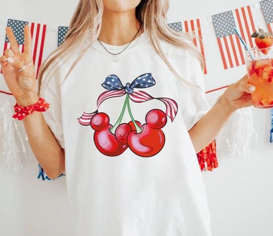 Discover Disney Mickey Head Cherry Bow America 4th of July T-shirt, Disney Patriotic Shirt, Magical Independence Day, Main Street USA Matching Shirt