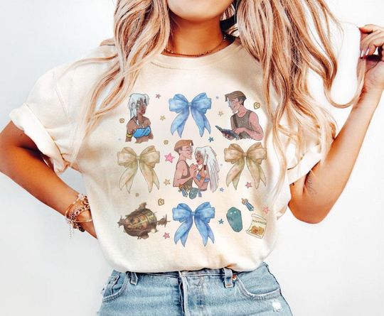 Discover Disney Atlantis The Lost Empire Coquette Bows Watercolor Shirt, Disneyland Trip Matching Family Shirt, Disney Princess Kida Milo Thatch Tee