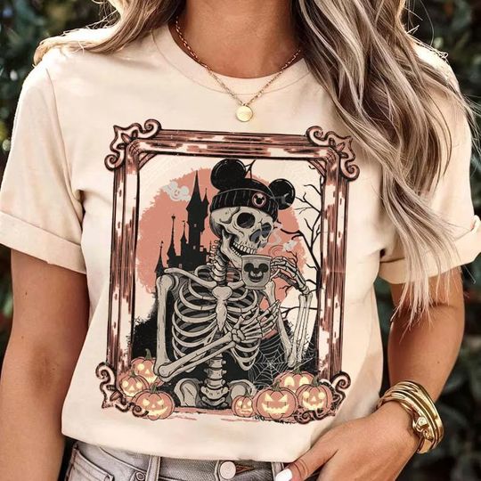 Discover Disney Skeleton with Mickey Ears Drinking Coffee Halloween T-Shirt, Disney Spooky Season Halloween Shirt, Disneyland Halloween Family Gifts