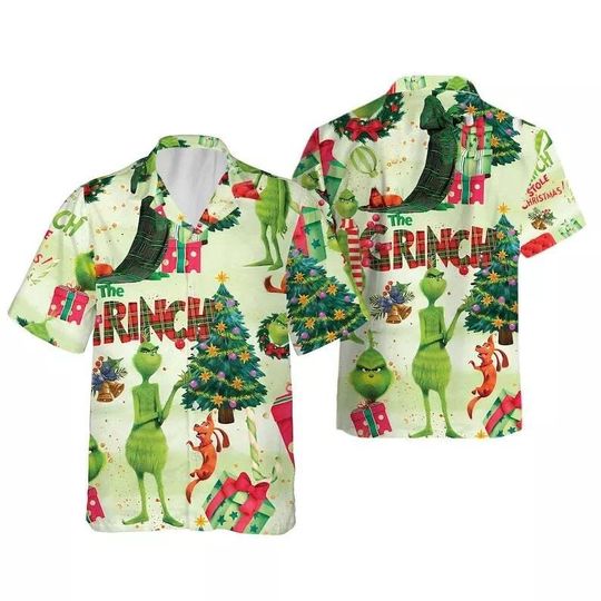 3D Green Holiday Character Hawaiian Shirt, Funny Grumpy Christmas Aloha Shirt, Tropical Xmas Vacation Unisex Summer Shirt