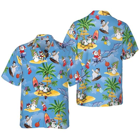 Discover Surfing Snowman Christmas Beach Hawaiian Shirt, Funny Holiday Aloha Shirt, Tropical Xmas Outfit, Unisex Summer Beach Shirt