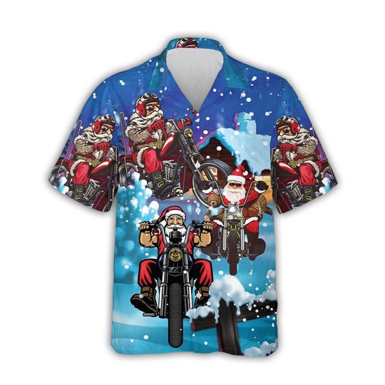 Discover Santa Motorcycle Hawaiian Shirt Men Women Youth, Funny Summer Christmas Beach Shirt Button Up, Biker Santa Holiday Shirt, Xmas Party Outfit