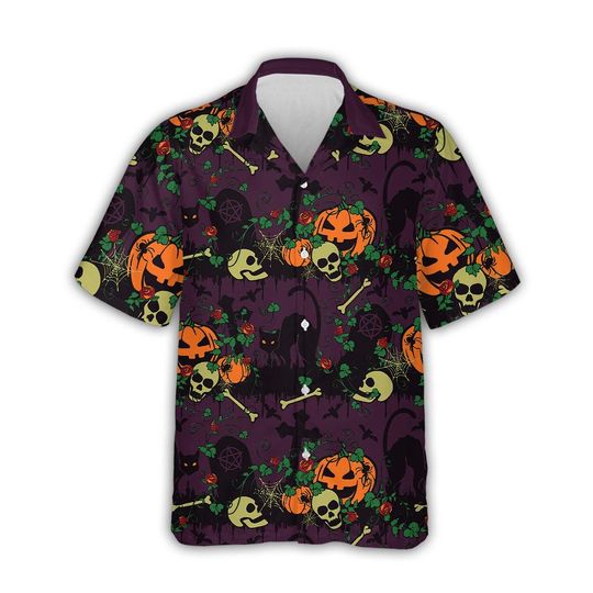 Discover Halloween Pumpkin Skull Hawaiian Shirt, Spooky Aloha Shirt, Funny Costume Party Outfit, Tropical Fall Shirt for Men Women