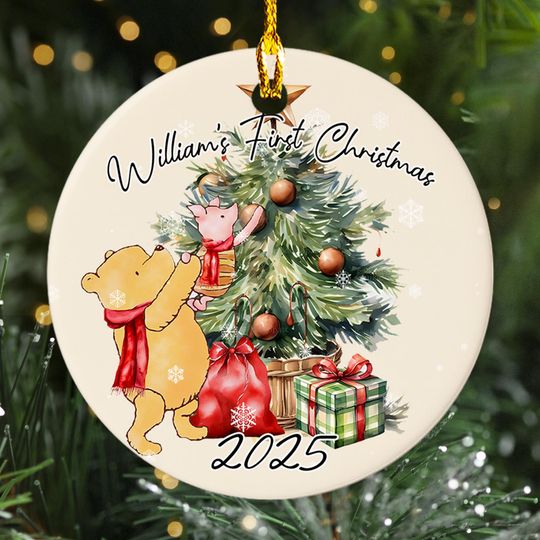 Discover Personalized Ornament Baby's First Christmas, Yellow Pooh Bear Xmas Tree Ornament, Customized 2025 Christmas Tree Decor Gift For Kid