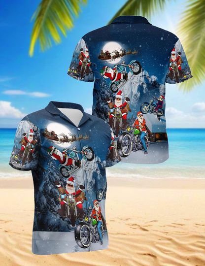 Santa Motorcycle Hawaiian Shirt for Men, Women & Youth, Christmas Beach Button-Up