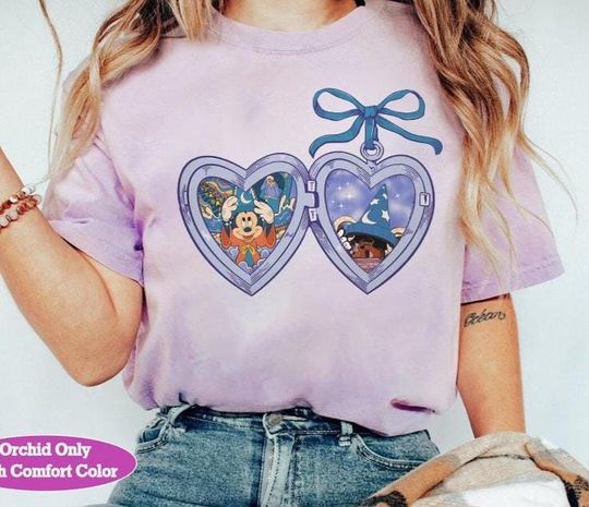 Discover Disney Mickey Sorcerer Locket Heart Coquette Bow T-Shirt, Disney Matching Family Shirt, Mickey Fantasia Fantasmic Hollywood Studios Trip Tee