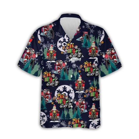 Christmas Hawaiian Biker Santa Claus Shirt, Funny Holiday Aloha, Tropical Christmas Unisex Shirt