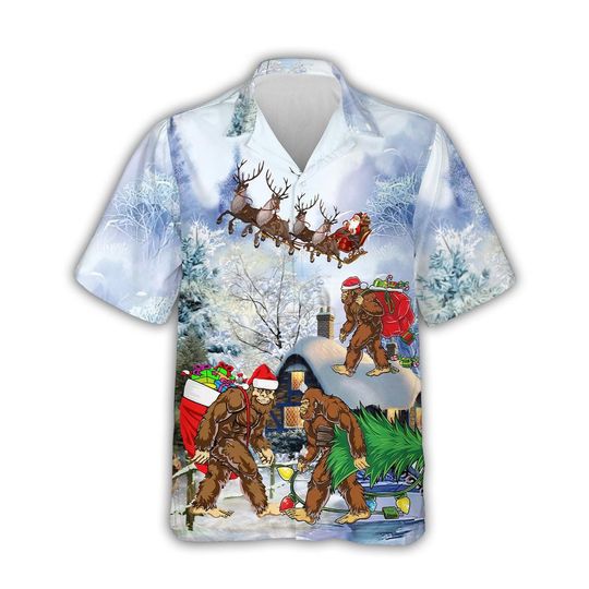 Discover Bigfoot Christmas Adventure Hawaiian Shirt, Funny Holiday Aloha Shirt, Tropical Xmas Shirt, Unisex Festive Beach Outfit