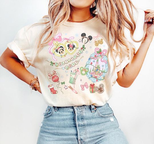 Discover Disney Mickey Minnie Coquette Bow Christmas Lights Watercolor T-Shirt, Disney Xmas Family Gift, Mickey's Very Merry Christmas Party 2025 Tee