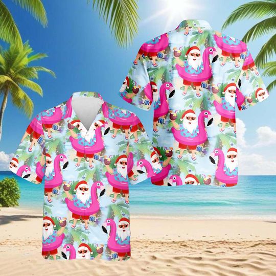 Discover Christmas Santa Claus with Flamingo Hawaiian Aloha Shirt, Funny Holiday Tropical Shirt, Festive Xmas Beach Shirt, Unisex Summer Outfit