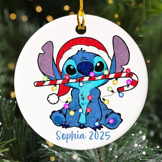 Discover Personalized Ornament Stitch And A Candy Cane, Monster With Santa Hat Ornament