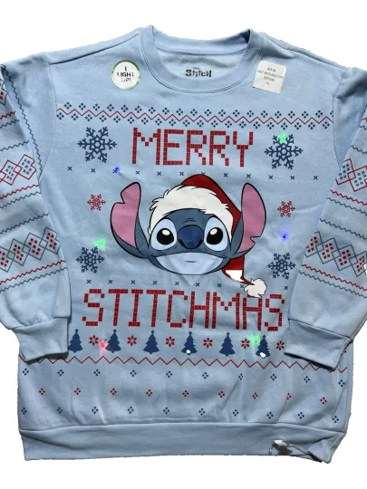 Discover Disney Lilo & Stitch Sweatshirt XL Ugly Christmas Sweater Light-Up Lt Blue NEW