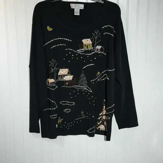 Discover Lisa International Sweater Women’s 2Xlarge Black Ugly Christmas Sequins Beaded