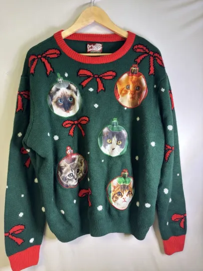 Discover Whimsical Cat Ornament Ugly Christmas Sweater 2XL Green Red Bow Party Knit
